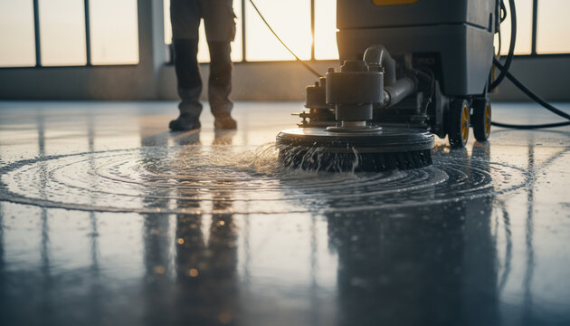 Floor Cleaning Machine Operator Working Industrial Facility Sunny Day