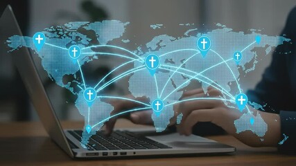 Man typing on a laptop with a digital world map overlay, illustrating global christian church network connections footage. - Powered by Adobe