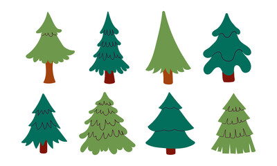 Simple Christmas tree set in cute flat cartoon style. Hand drawn New Year isolated fir trees isolate on white .