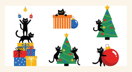 Festive feline fun Adorable black cats celebrating Christmas with ornaments and presents