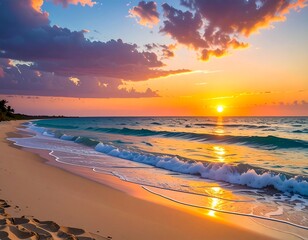 Scenic ocean beach with vibrant sunset over water and clouds