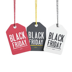 Bright sale tags promoting Black Friday are displayed on strings, showcasing various colors and bold text