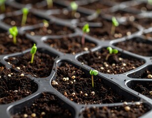 Seedlings sprouting from soil inside a plastic planting tray