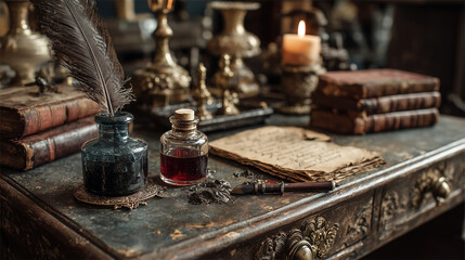 Candlelit study with Newton?s Principia and quill, vintage science and intellectual discovery theme