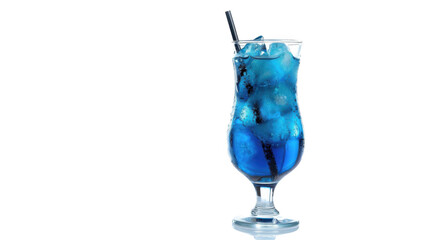 A blue drink with ice and straw on transparent background