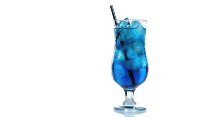 A blue drink with ice and straw on transparent background