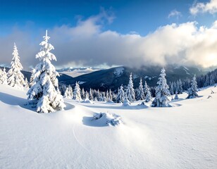 Fototapeta premium Snowy landscape with evergreen trees, mountains, and a clear blue sky