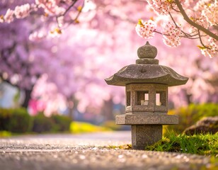 Stone lantern on a path beneath blooming pink cherry blossoms
