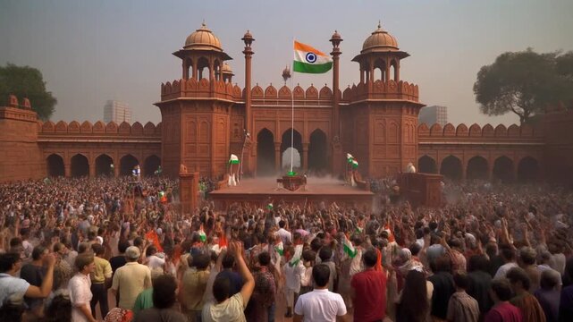 A massive crowd gathers at the historic Red Fort Independence day india, India, for a flag hoisting ceremony on a national holiday.