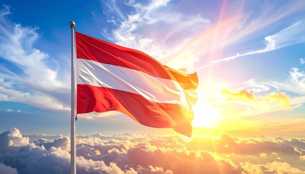 "Fictional flag with red, white, and blue design waving in wind against dramatic sky with radiant sunlight and scattered clouds."