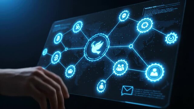 Woman touches virtual screen with dove symbol connecting to global network for peace and christianity promotion footage - Powered by Adobe