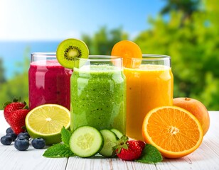Three colorful fruit smoothies with assorted fresh fruit and greenery