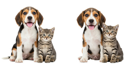 Three adorable 8-12 week old tri-color Beagle puppies with happy smiles and three cute tabby kittens with wide curious eyes, sitting closely on a bright white studio background, heartwarming pet