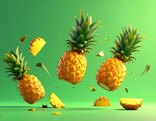 Three floating pineapples and sliced pieces against a vibrant green backdrop