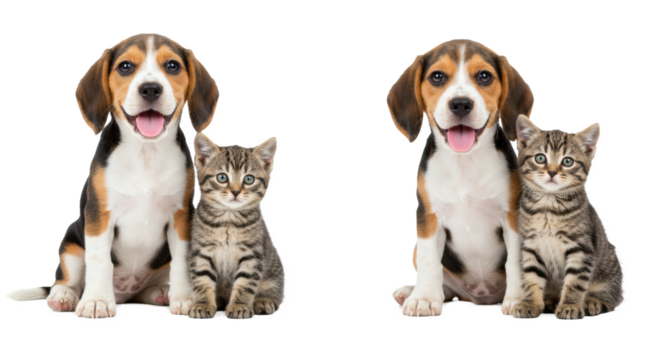 Three adorable 8-12 week old tri-color Beagle puppies with happy smiles and three cute tabby kittens with wide curious eyes, sitting closely on a bright white studio background, heartwarming pet