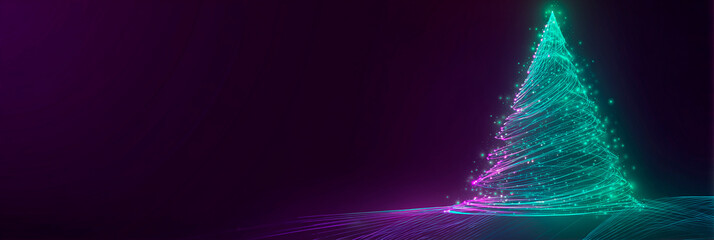 A glowing teal and purple wireframe Christmas tree made of swirling particles and lights creates a festive, futuristic holiday atmosphere.