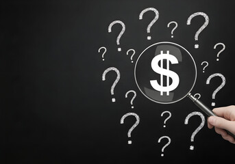 Magnifying glass examining dollar sign with question marks symbolizing financial uncertainty, risk, and investment doubt