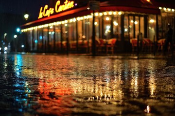 Fototapeta premium photo of modern café glowing warmly during rain at night, reflections on wet street, cinematic Seoul mood