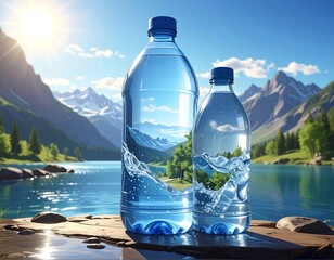 Two clear water bottles sit before a scenic lake and mountain backdrop
