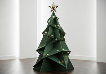 Modern Christmas tree decoration with abstract geometric shapes in green, a contemporary design concept for the holiday season.