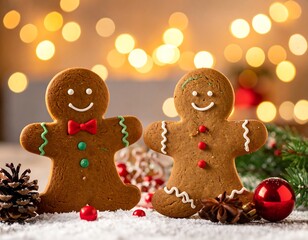 Two decorated gingerbread figures with festive holiday backdrop