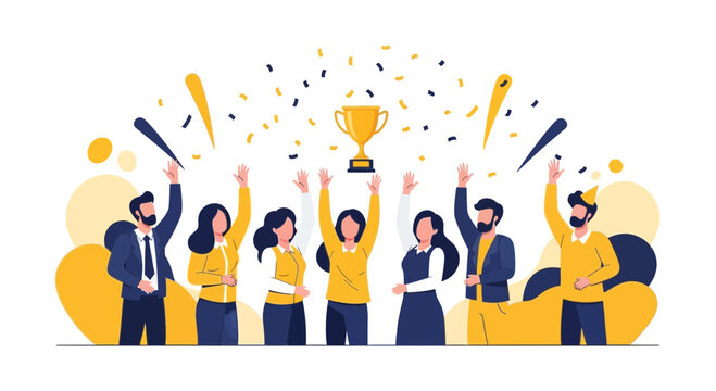 Team Celebrates Success and Achievement with Trophy and Festive Confetti Particles - Powered by Adobe