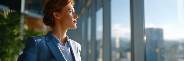 Fototapeta na wymiar Confident caucasian female professional in office with city view