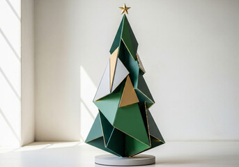 Modern Christmas tree decoration with abstract geometric shapes in green, a contemporary design concept for the holiday season.