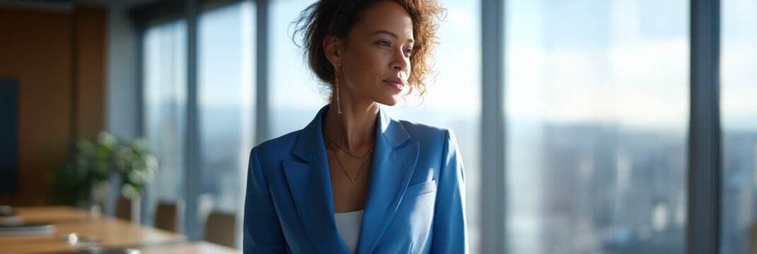 Confident african female executive in blue suit in modern office environment