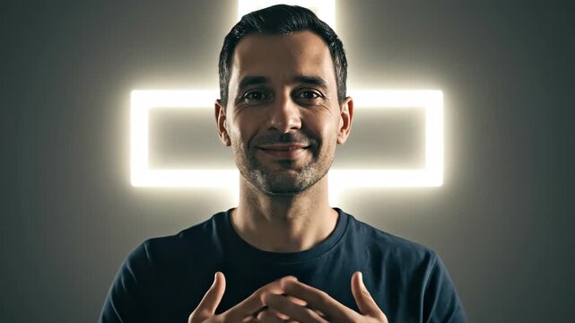 Man touching virtual cross among religious symbols, then smiling and praying with hands on chest. Spiritual awakening footage.