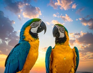 Two vibrant macaws gaze lovingly at each other against sunset hues
