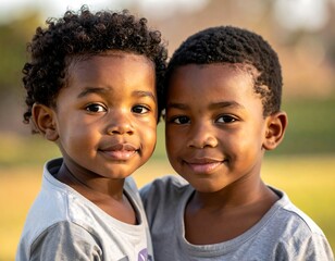 Two young African boys smiling, posing, against a blurred background