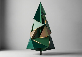 Modern Christmas tree decoration with abstract geometric shapes in green, a contemporary design concept for the holiday season.