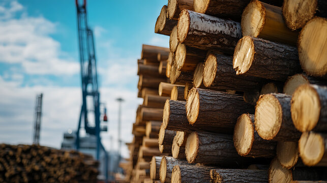 Pile of timber logs stacked high at a port. The logs are neatly arranged, showcasing the raw materials of the timber industry against a backdrop of industrial cranes and a bright sky.