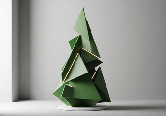 Modern Christmas tree decoration with abstract geometric shapes in green, a contemporary design concept for the holiday season.