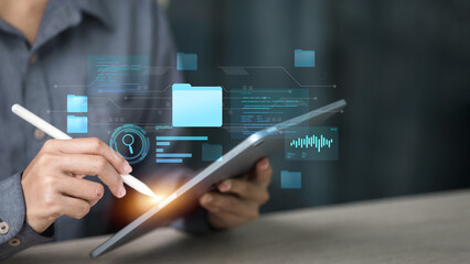 Digital data management system on tablet, businessman using stylus with virtual file folder interface