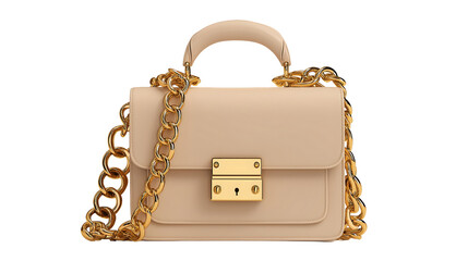 A beige handbag with a gold chain and a gold clasp isolated on a white background in a studio shot