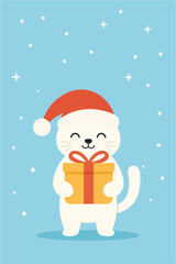 Cute Snow Cat Holding Christmas Gift Box in Modern Flat Design