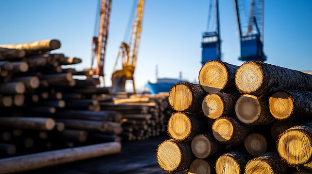 Stacked logs at a port, awaiting transport, create a textural tableau under the clear sky, with cranes standing tall in the background, hinting at industry and commerce.