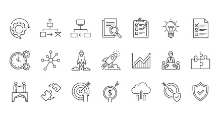 Fototapeta premium Business process icon set featuring workflow, productivity, and strategy symbols. This collection includes icons for gears, flowcharts, documents, checklists, lightbulbs, time management, networks
