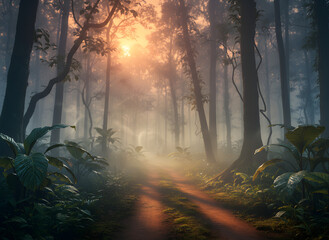 Mystical Forest Path: The sun's warm glow casts an ethereal light through the dense forest, illuminating a meandering path inviting exploration into a world of serene nature. 