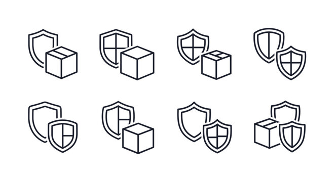 Set of eight line art icons representing secure package delivery and protection, featuring boxes and shields in various combinations, perfect for logistics, shipping, and e-commerce graphic design on