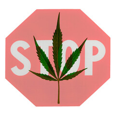 stop drugs concept. green cannabis leaf with red symbol of stop on white background