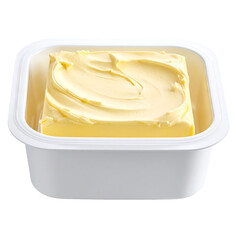 Close-up of a fresh yellow butter block in a white rectangular container perfectly prepared