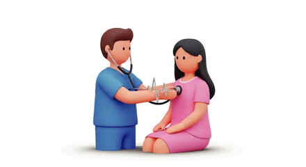 A male doctor using a stethoscope on a female patient sitting down in a clinical setting with a white background.