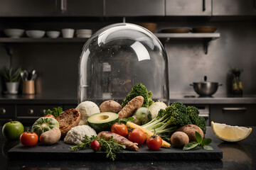 Fresh, vibrant assortment of healthy vegetables and bread under a protective dome in a modern kitchen.