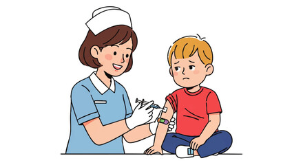 A nurse administering a bandage to a child's arm after an injection in a clinical setting with a concerned expression.