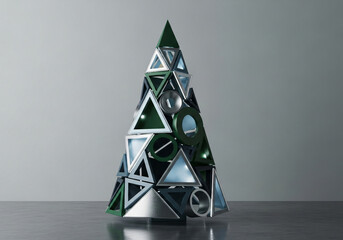 Modern Christmas tree decoration with abstract geometric shapes in green, a contemporary design concept for the holiday season.