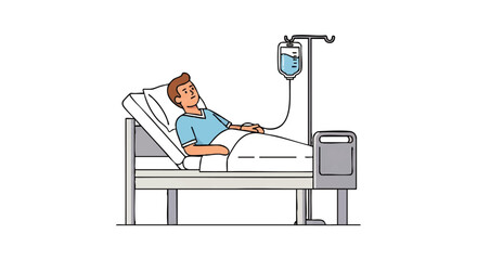 A man lies in a hospital bed with an IV drip beside him on a clean white background with a calm mood.