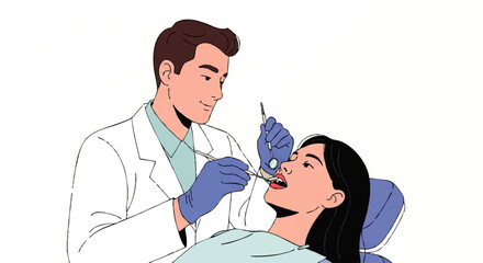 A male dentist in a white coat examines a female patient's teeth with a dental tool in a clinical setting.